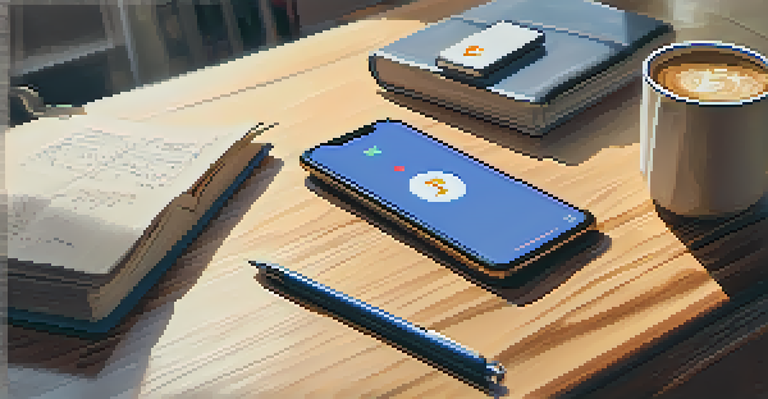 A smartphone on a wooden desk showing a TikTok video about cryptocurrency investment strategies, surrounded by study materials and a coffee cup.