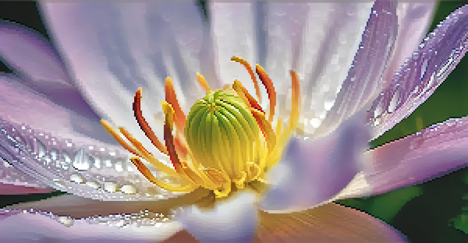 A close-up of a blooming flower with intricate petals and dew drops, set against a blurred background.