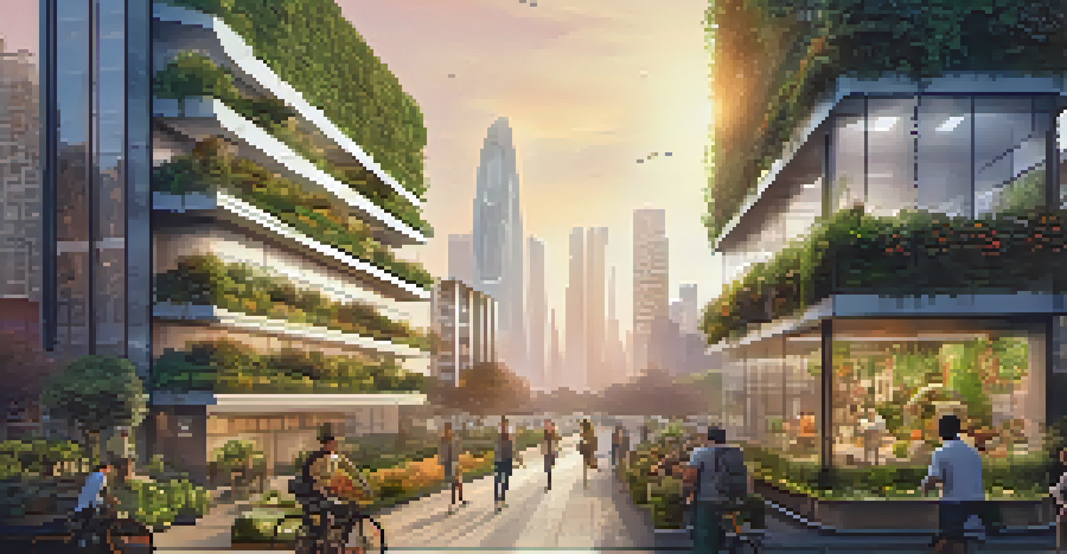 A futuristic city with greenery integrated into buildings, showcasing a harmonious relationship between technology and nature.
