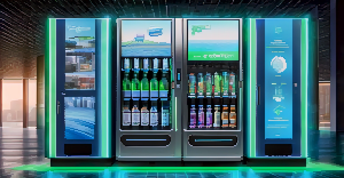 A futuristic vending machine with digital screens in a modern office, illuminated by blue and green lights.