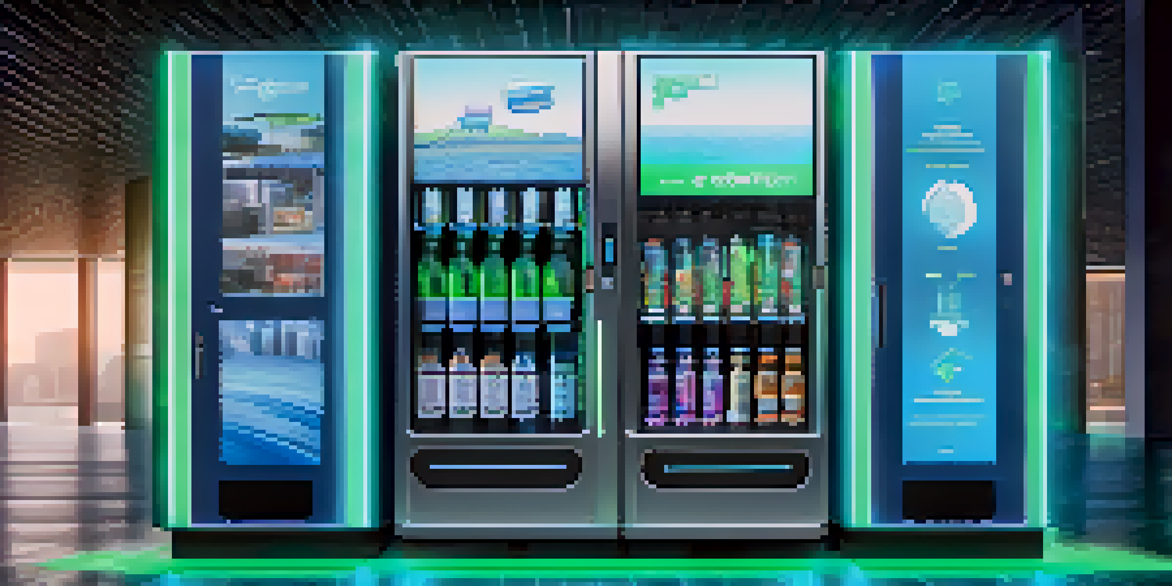 A futuristic vending machine with digital screens in a modern office, illuminated by blue and green lights.