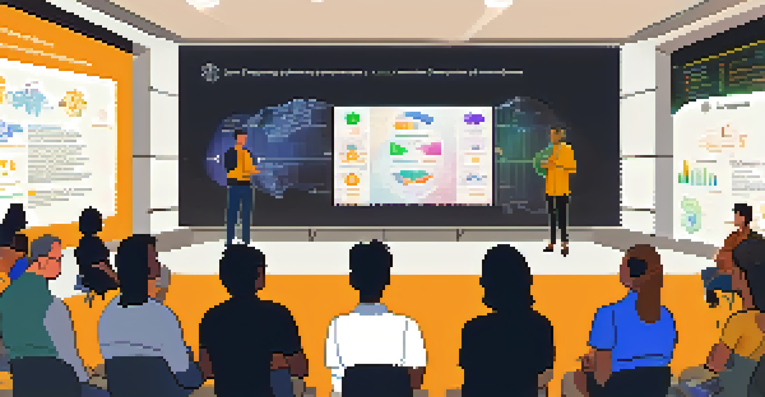 A workshop setting with a presenter teaching a group about cryptocurrency, with informative graphics in the background.
