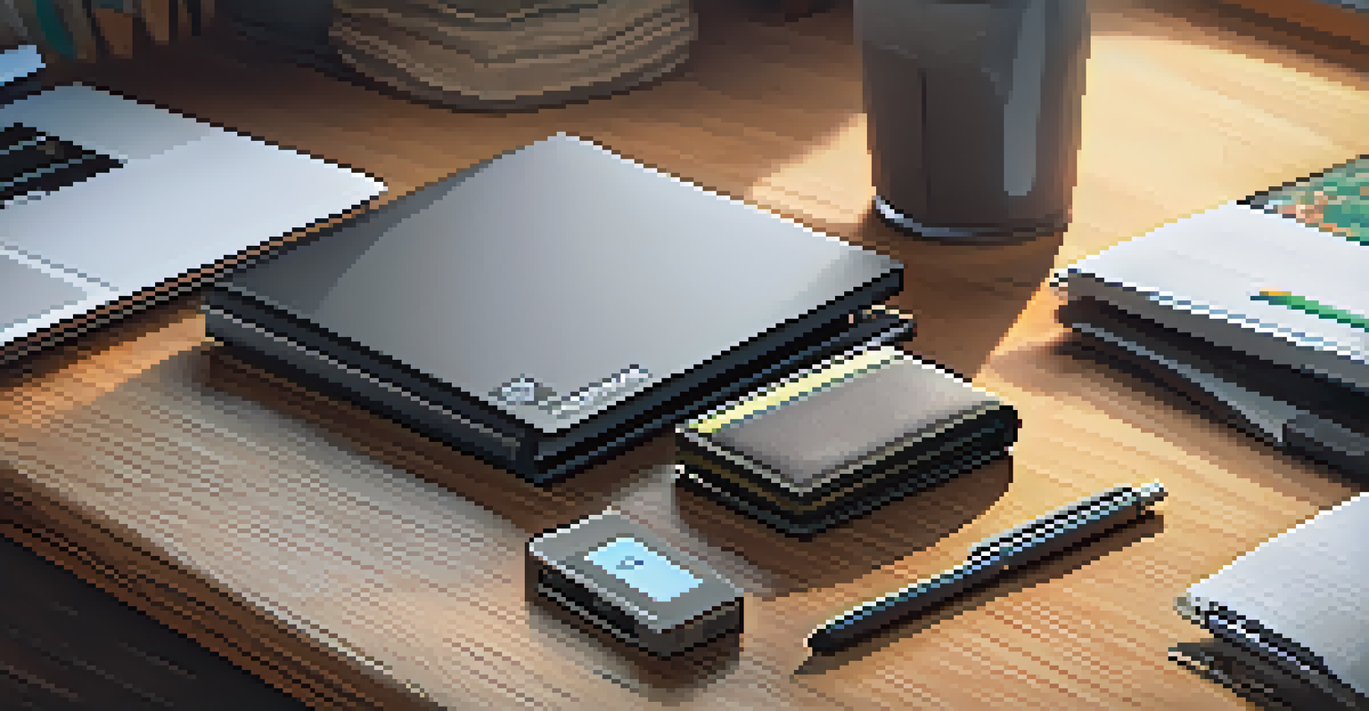 A close-up of a sleek hardware cryptocurrency wallet on a wooden desk with a laptop and notepad in the background.