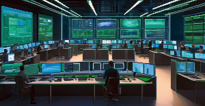 A modern control room with digital screens showing blockchain data, where diverse professionals are collaborating.