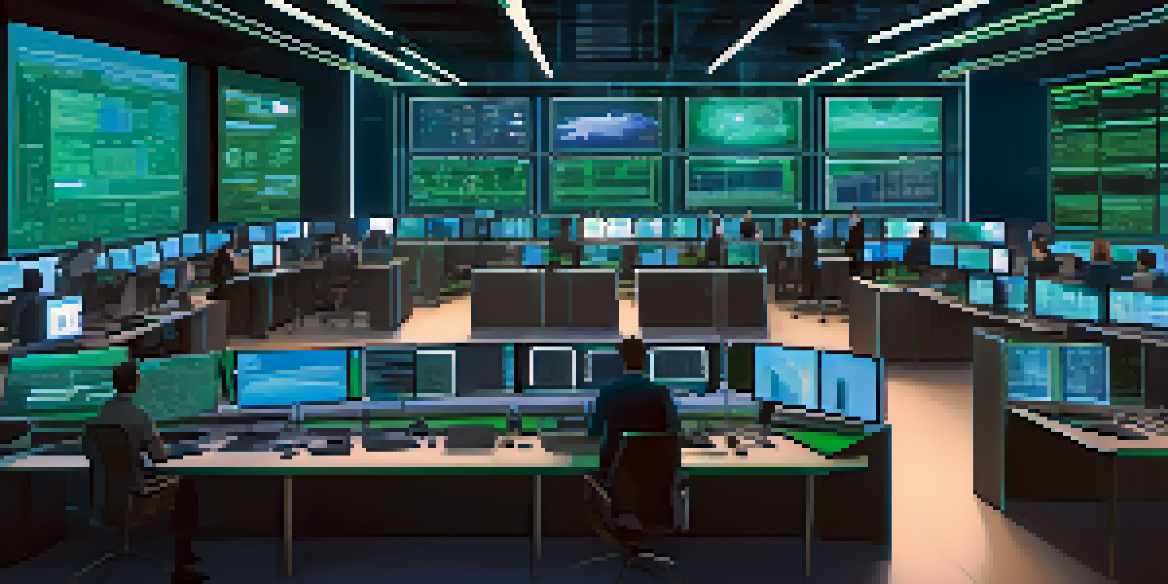 A modern control room with digital screens showing blockchain data, where diverse professionals are collaborating.