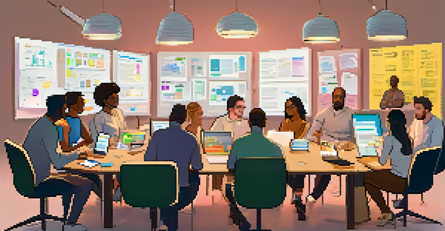 A diverse group of people collaborating on usability testing for a cryptocurrency app, surrounded by laptops and design materials.