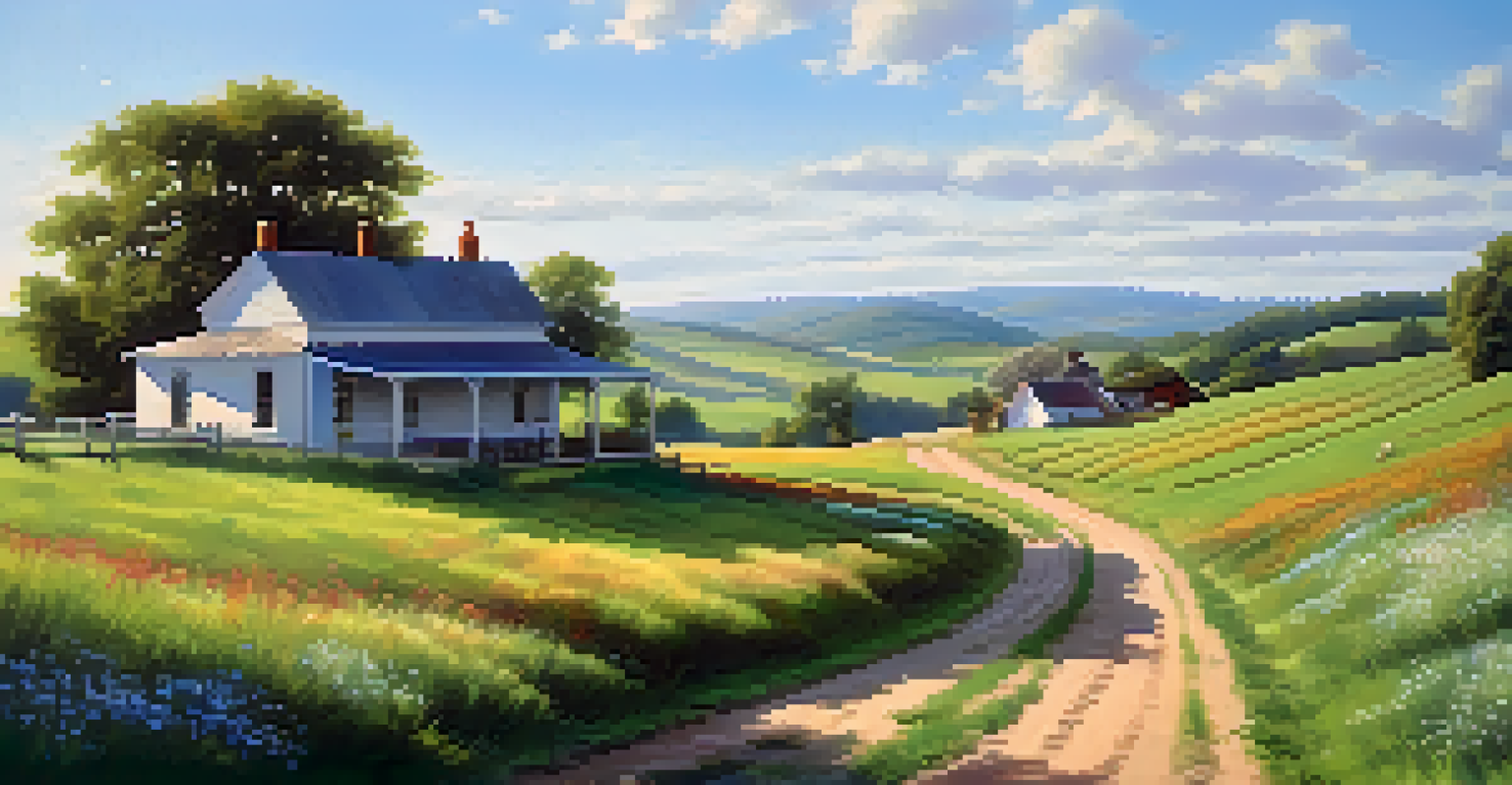 A tranquil countryside scene featuring green hills, a dirt path lined with wildflowers, and a distant farmhouse under a bright blue sky.