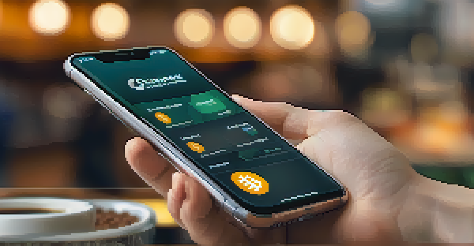 Close-up of hands holding a smartphone with a cryptocurrency wallet app displayed, set against a blurred coffee shop background.