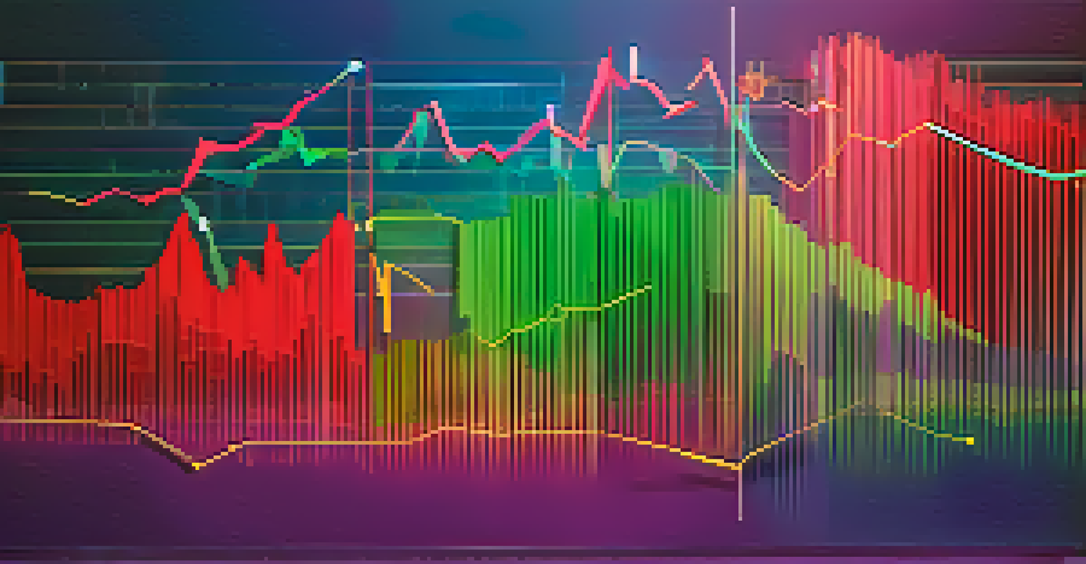 An abstract graph illustrating market sentiment with fluctuating lines in red and green against a blue and purple gradient.