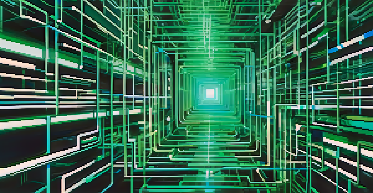 An abstract digital representation of blockchain technology with interconnected blocks in green and blue hues.