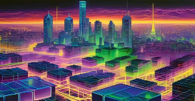 A digital representation of a blockchain network with interconnected glowing blocks against a futuristic city skyline at dusk.