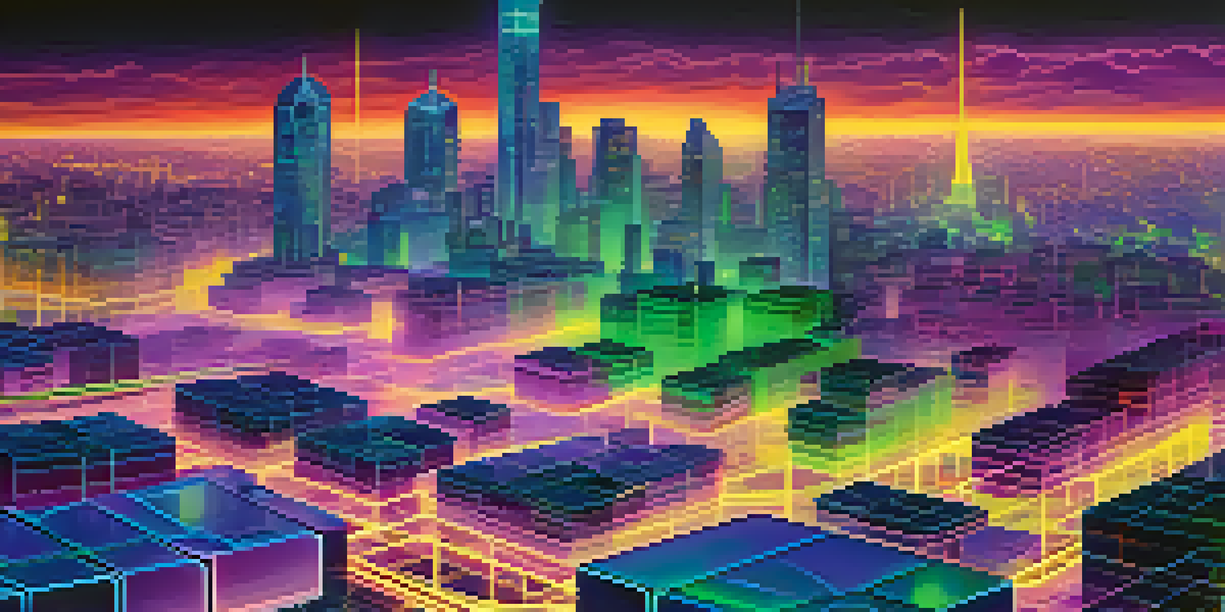 A digital representation of a blockchain network with interconnected glowing blocks against a futuristic city skyline at dusk.