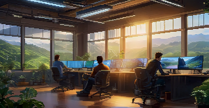 A group of diverse miners working together at a digital workstation, with screens showing cryptocurrency data, surrounded by a green landscape.