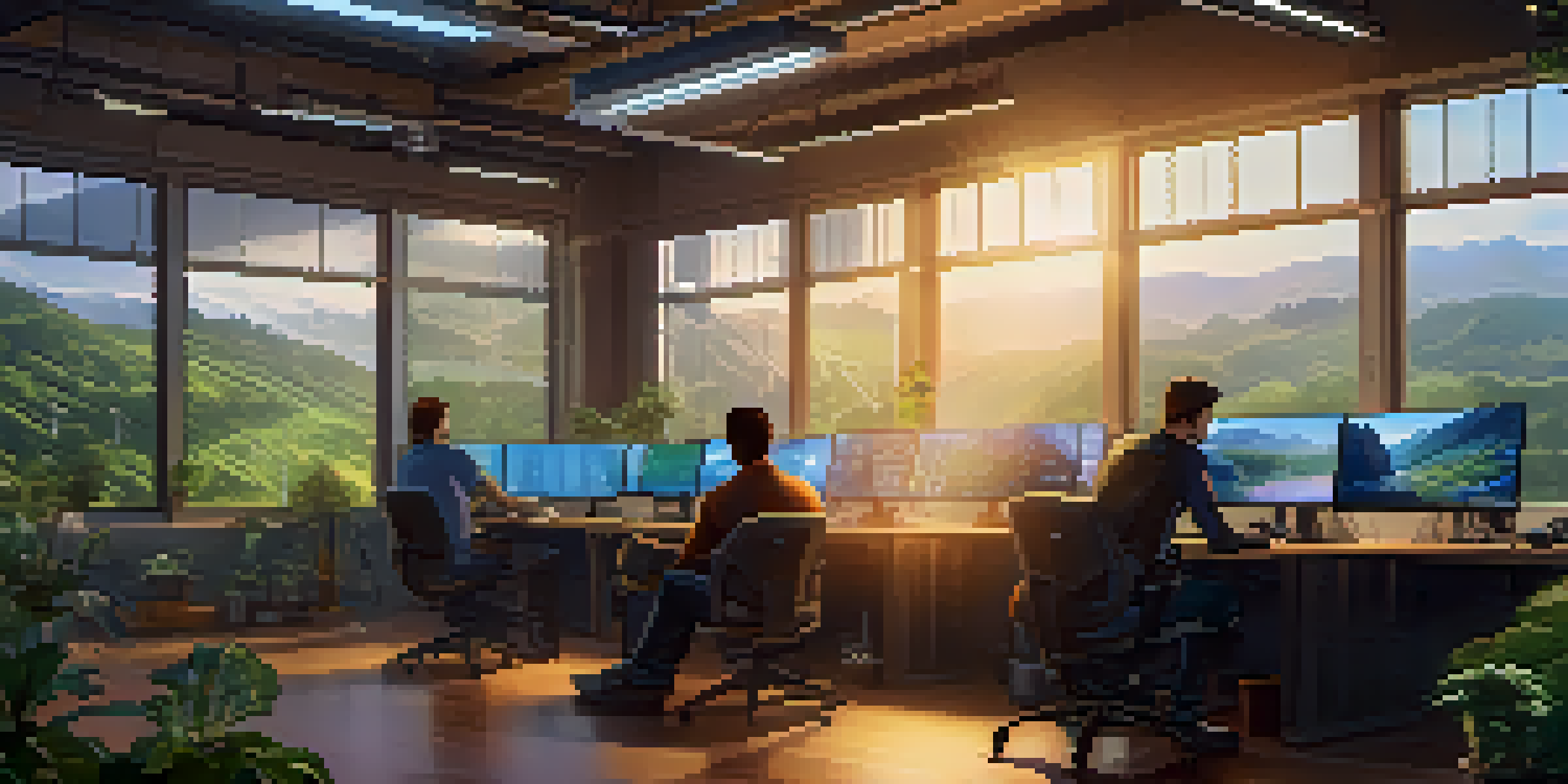 A group of diverse miners working together at a digital workstation, with screens showing cryptocurrency data, surrounded by a green landscape.