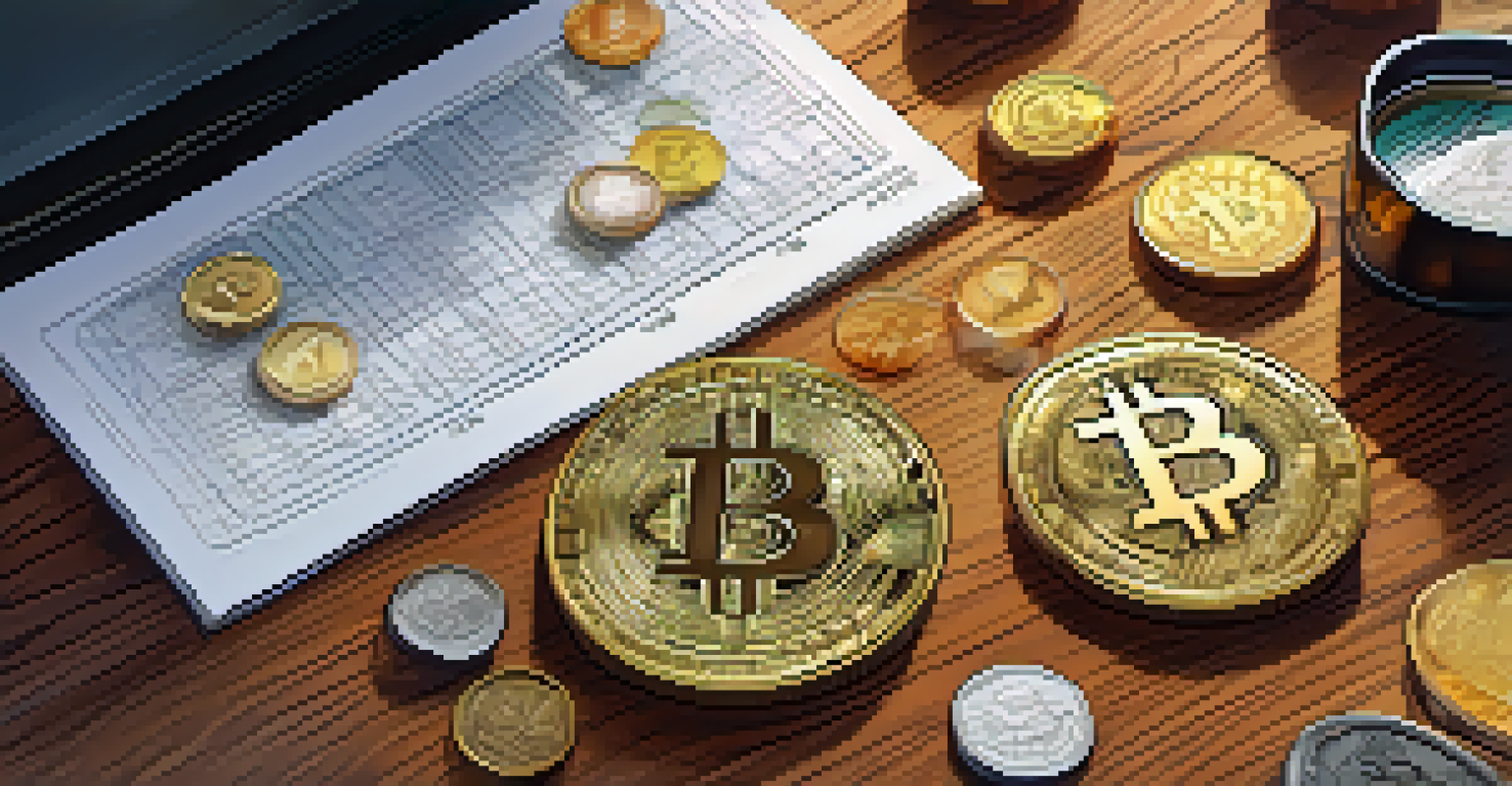 An overhead view of a desk with cryptocurrency coins and a notepad containing tax calculations, all set on a wooden desk.