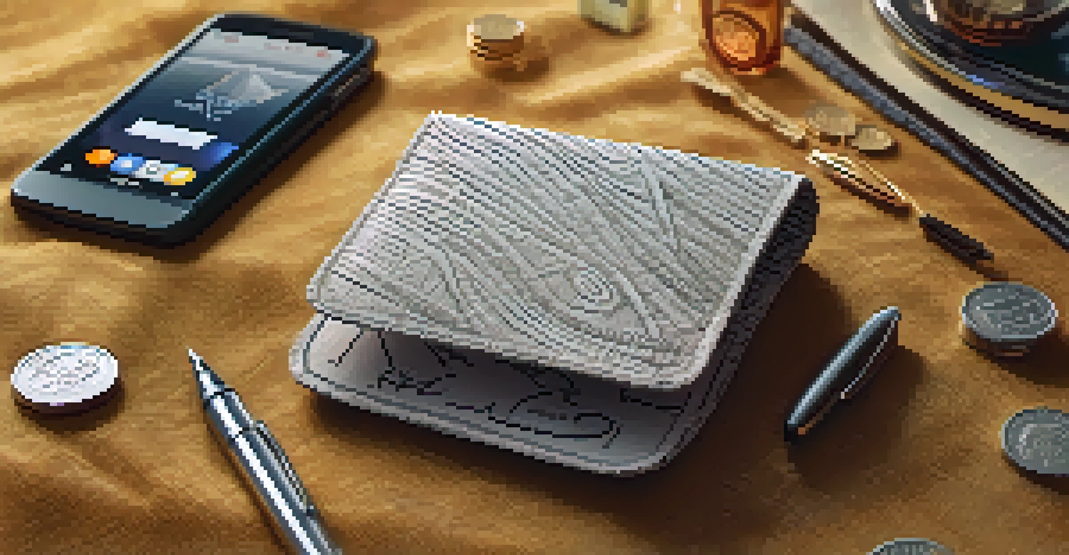 An artistic display of an open paper wallet with a QR code and a pen on a textured fabric background, surrounded by coins and a smartphone.