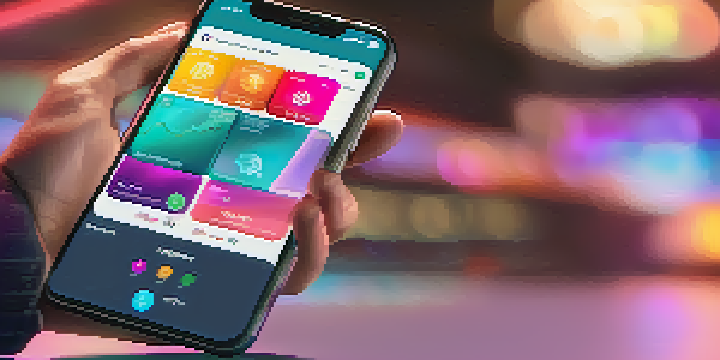 A hand holding a smartphone showing a cryptocurrency wallet app with colorful digital coins in the background.