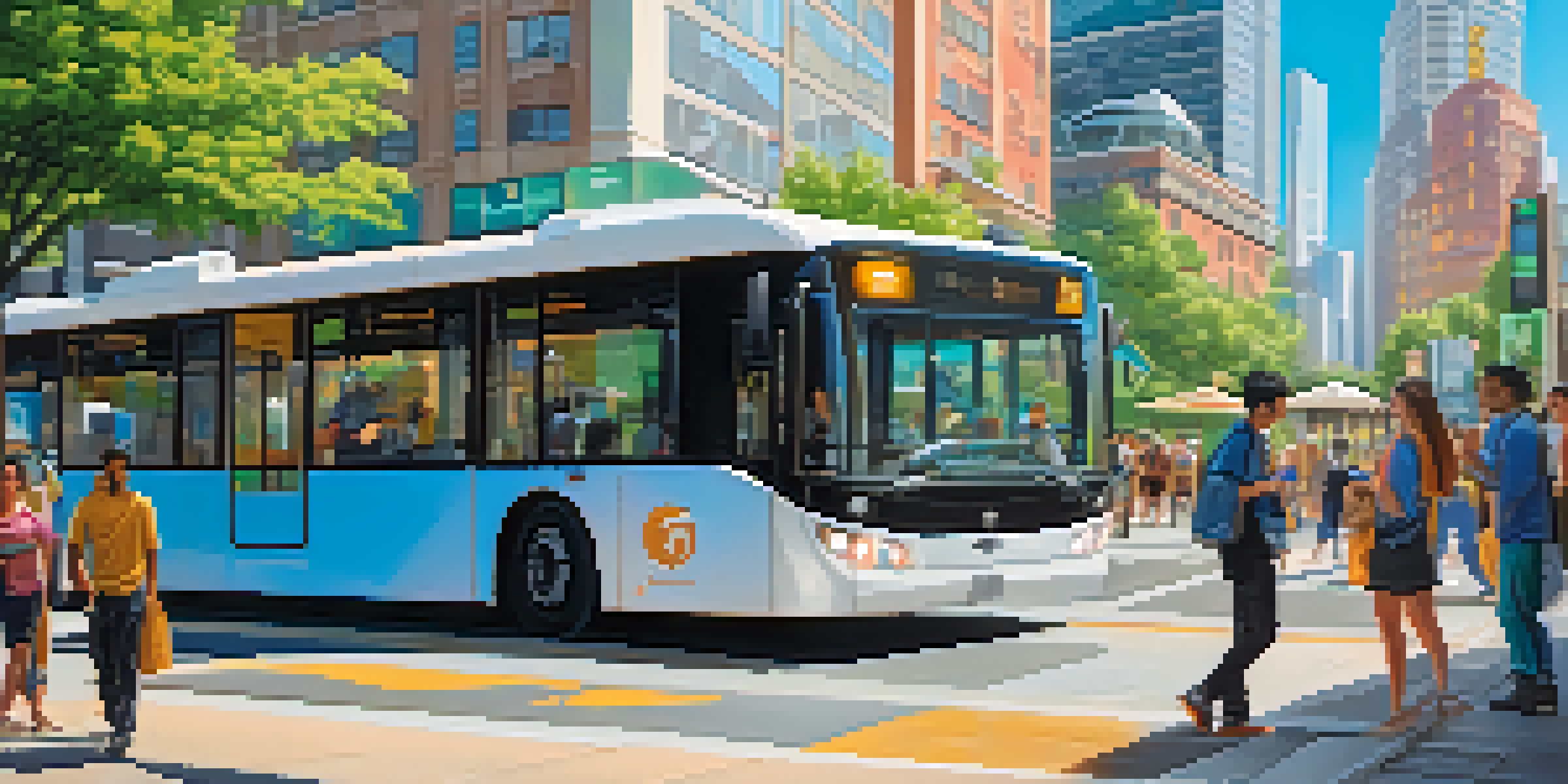 A lively city scene with people using smartphones to pay for transportation at a modern bus stop, surrounded by greenery and contemporary buildings.