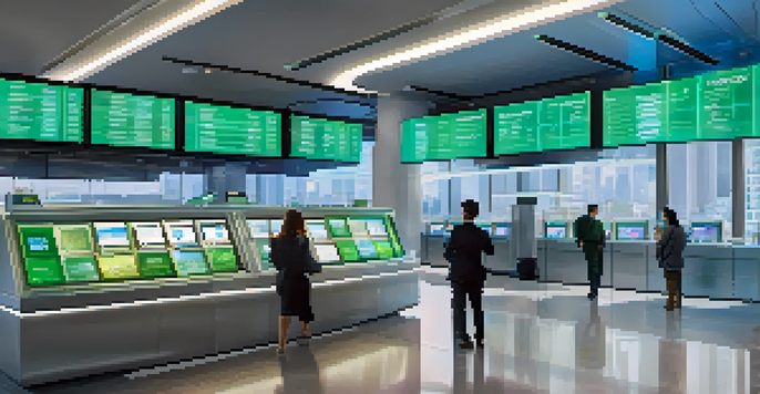 A futuristic bank interior displaying digital currency transactions, with customers using advanced kiosks and a city view through large windows.