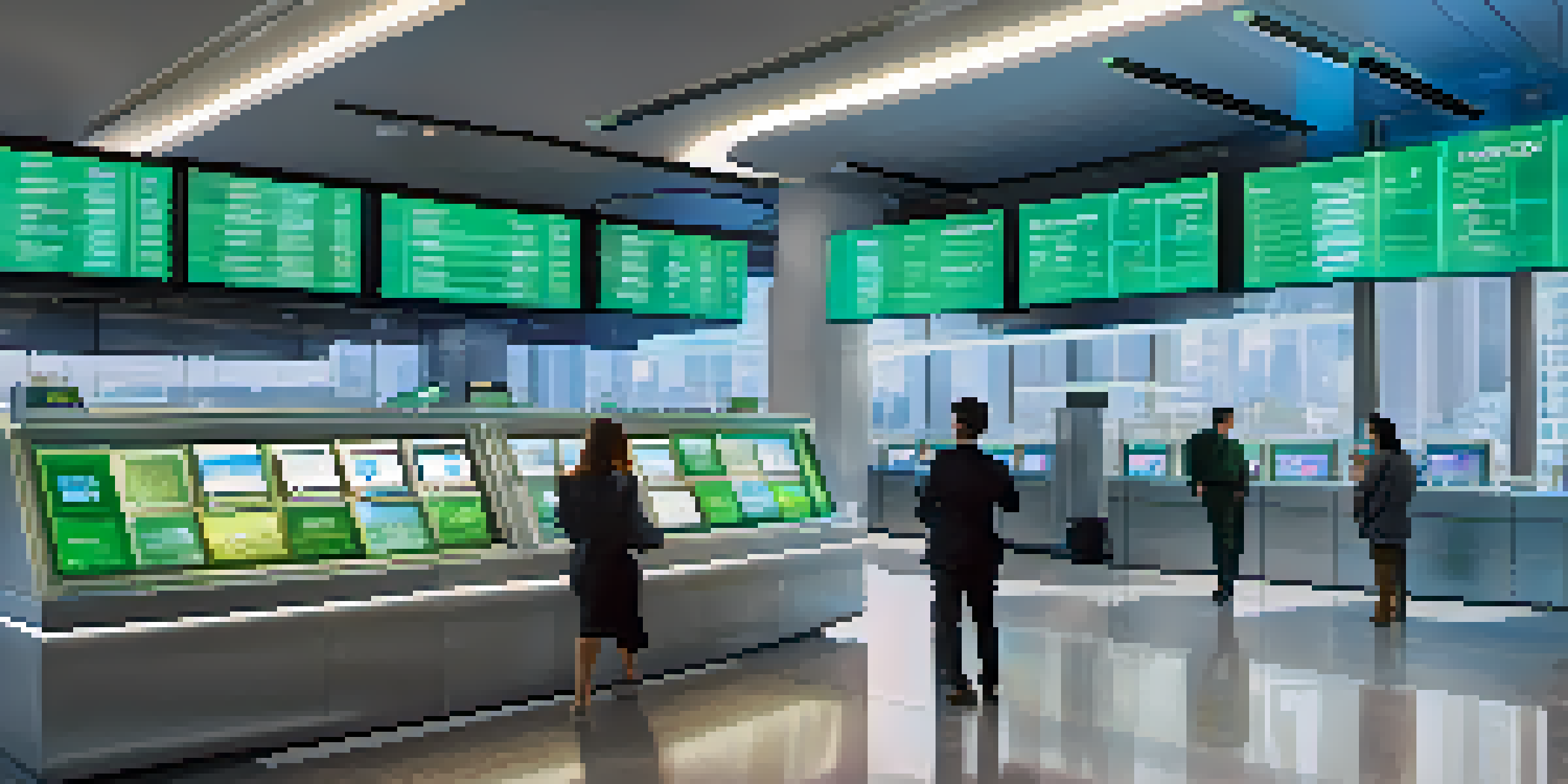 A futuristic bank interior displaying digital currency transactions, with customers using advanced kiosks and a city view through large windows.