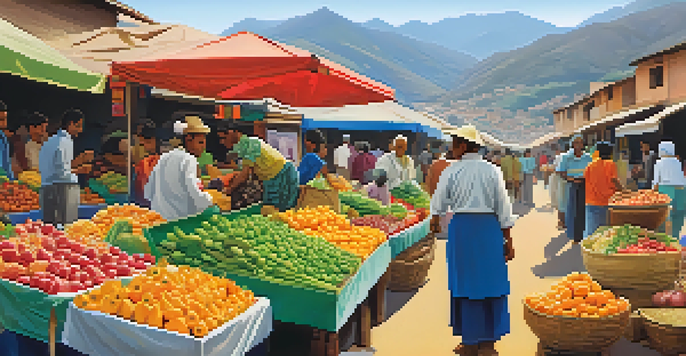 A busy outdoor market with colorful stalls selling fruits, vegetables, and crafts, featuring a farmer interacting with customers under a blue sky.