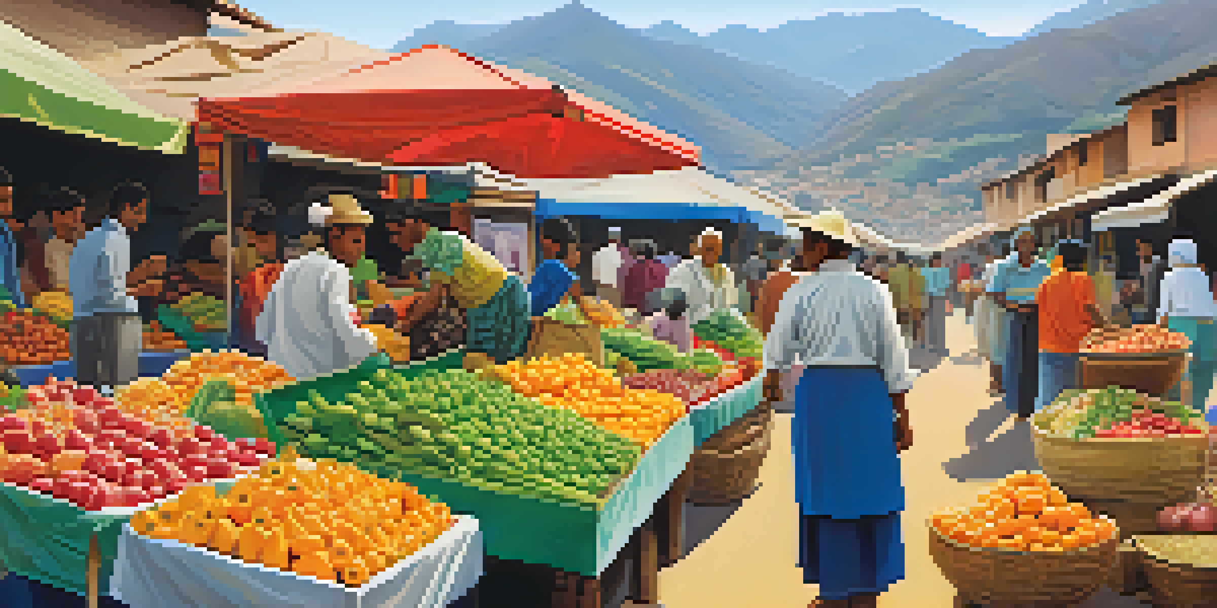 A busy outdoor market with colorful stalls selling fruits, vegetables, and crafts, featuring a farmer interacting with customers under a blue sky.