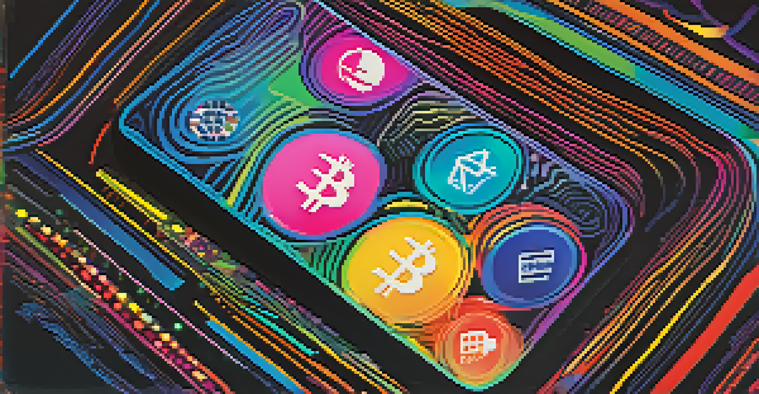 A digital wallet surrounded by colorful abstract shapes representing stablecoins, on a dark background.