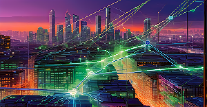 A digital representation of a blockchain network with glowing nodes and a futuristic city skyline at dusk.