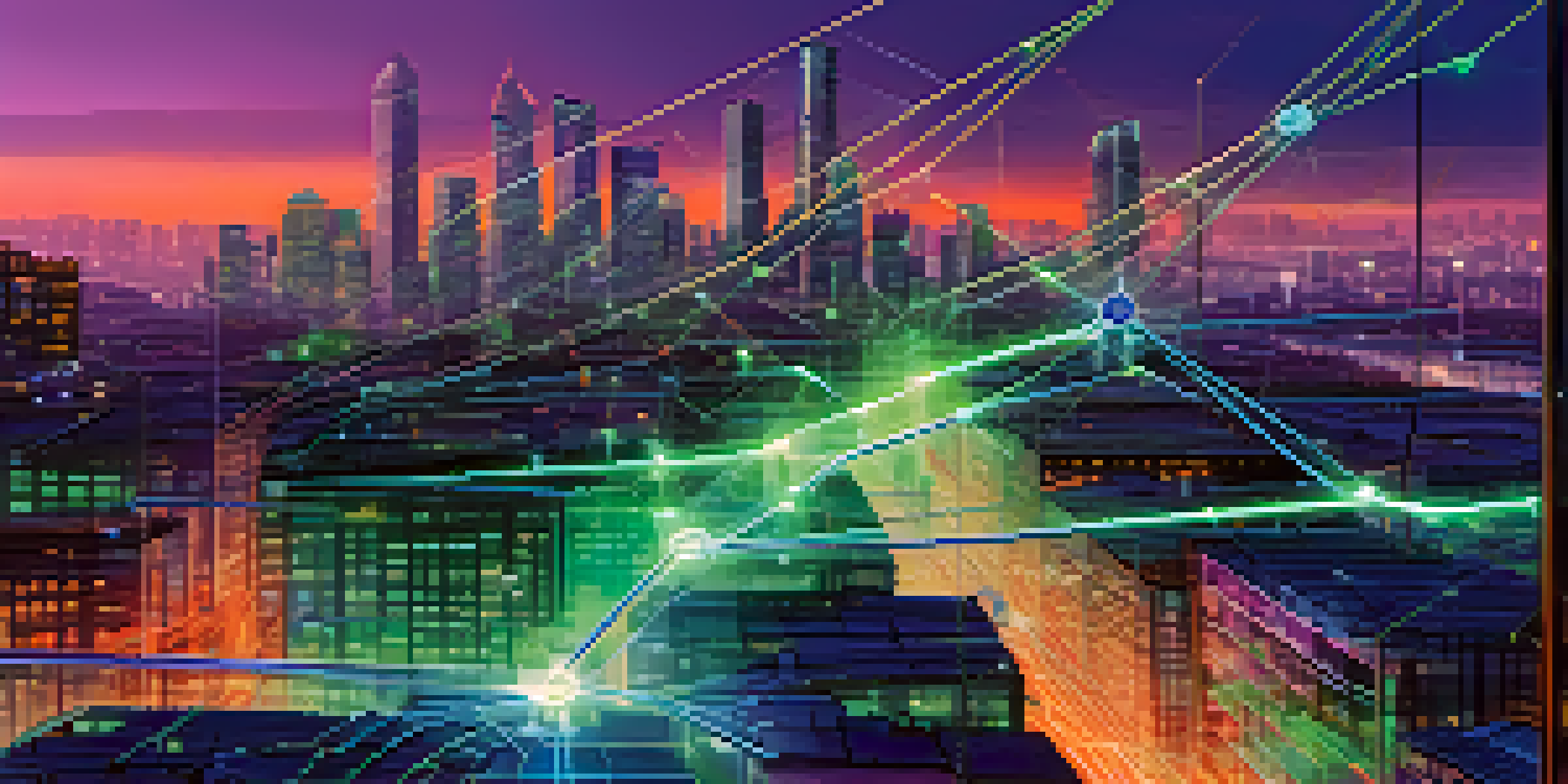 A digital representation of a blockchain network with glowing nodes and a futuristic city skyline at dusk.