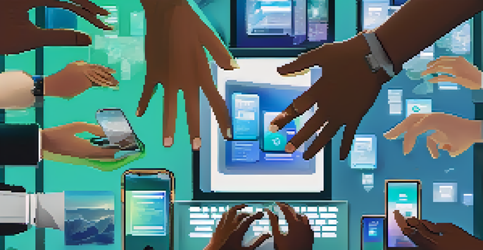 A diverse group of hands interacting with various digital devices, displaying digital identities on screens.