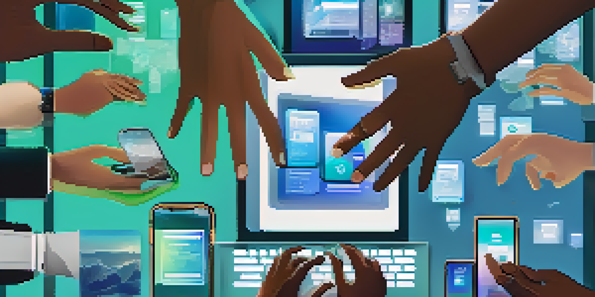 A diverse group of hands interacting with various digital devices, displaying digital identities on screens.