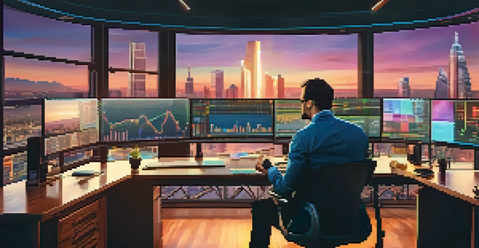 A trader analyzing cryptocurrency charts at a modern desk with city skyline in the background during sunset.