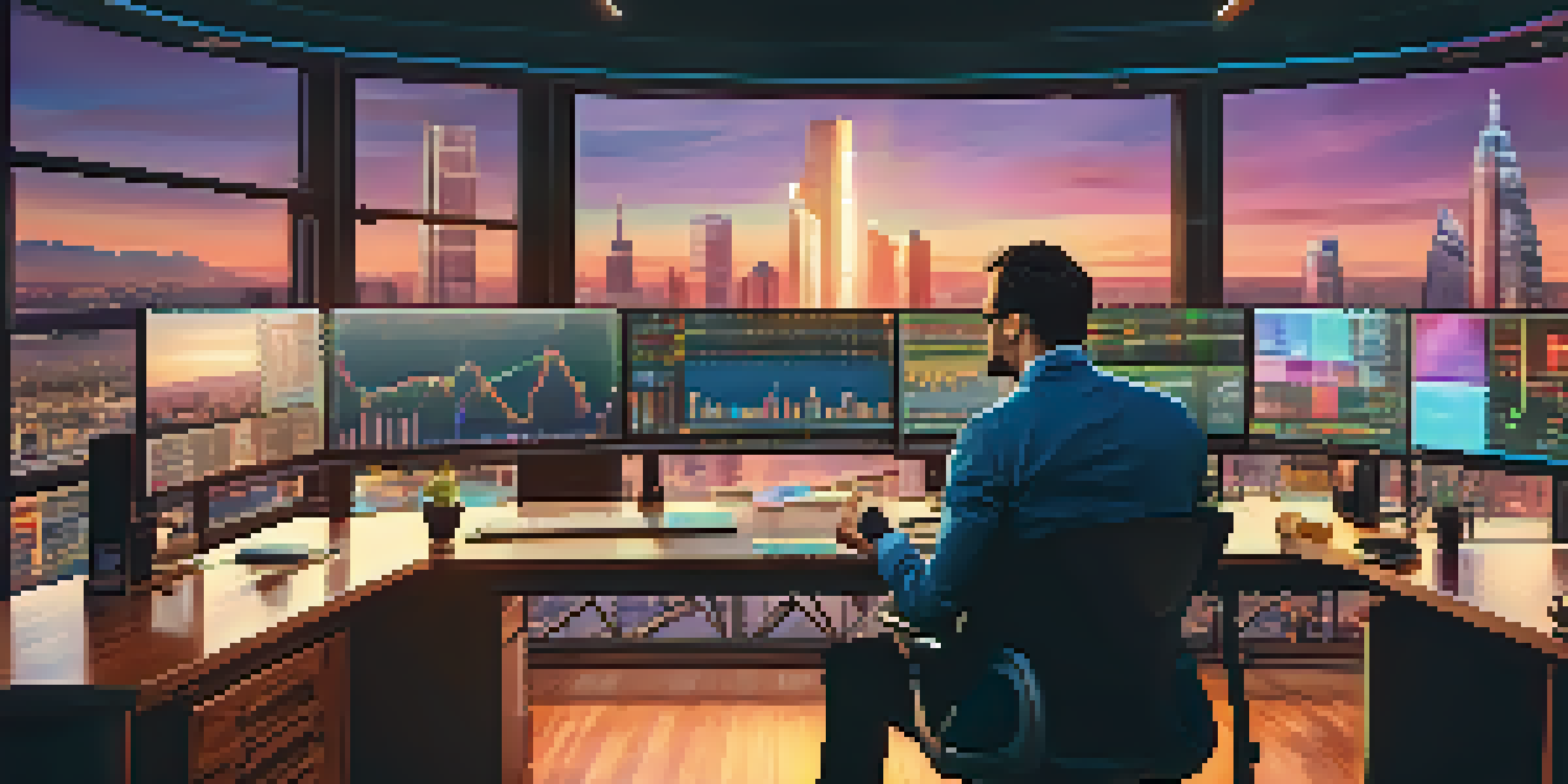 A trader analyzing cryptocurrency charts at a modern desk with city skyline in the background during sunset.