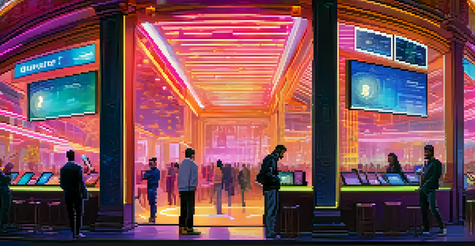 A vibrant futuristic cityscape with traditional and modern banking elements, showcasing people engaging with digital finance technology.