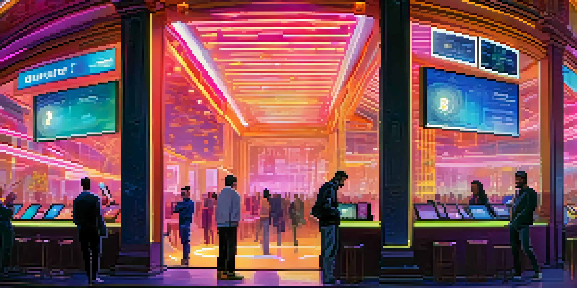 A vibrant futuristic cityscape with traditional and modern banking elements, showcasing people engaging with digital finance technology.