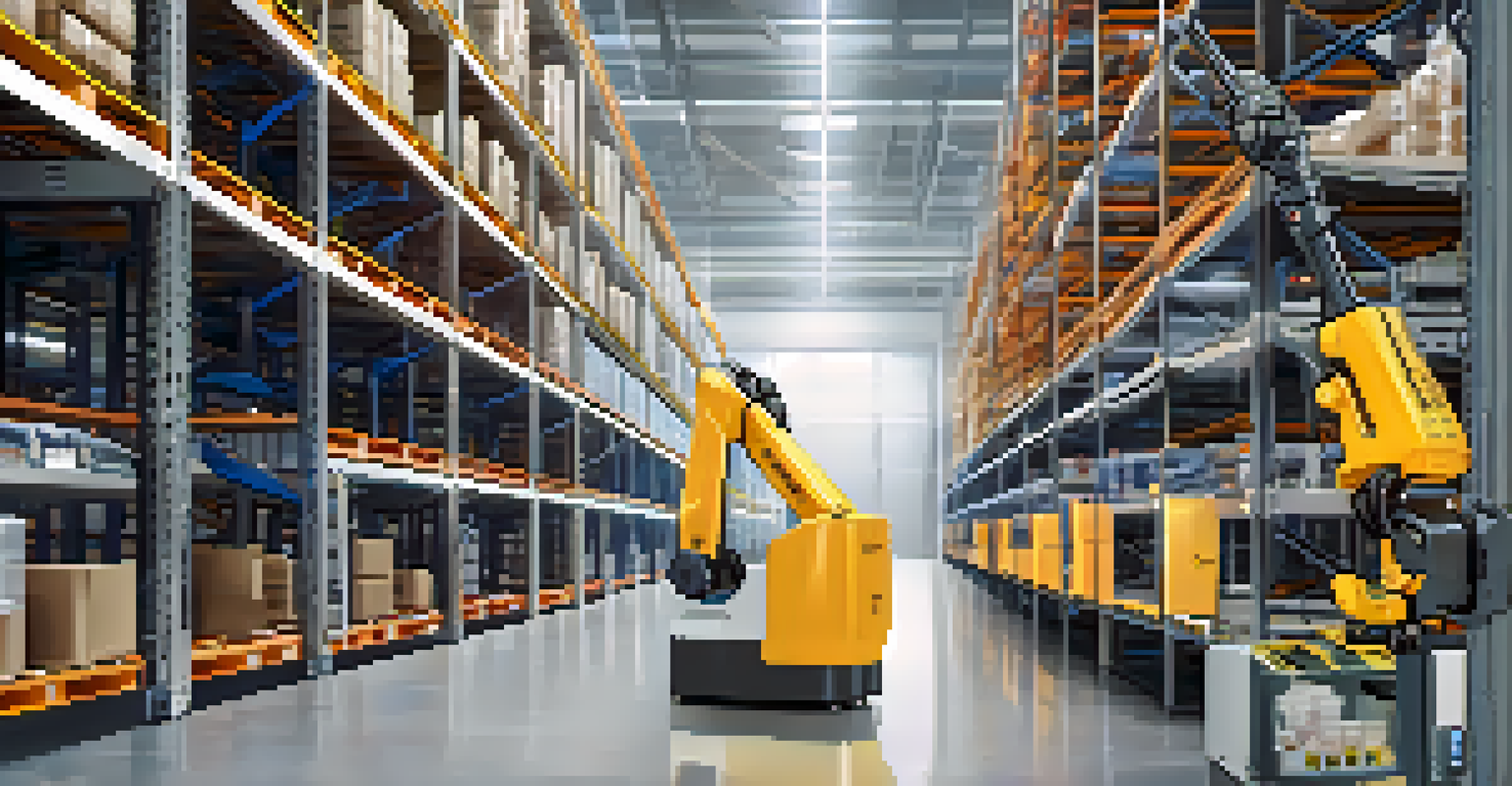 A high-tech warehouse with robotic arms managing inventory and digital screens displaying stock levels.