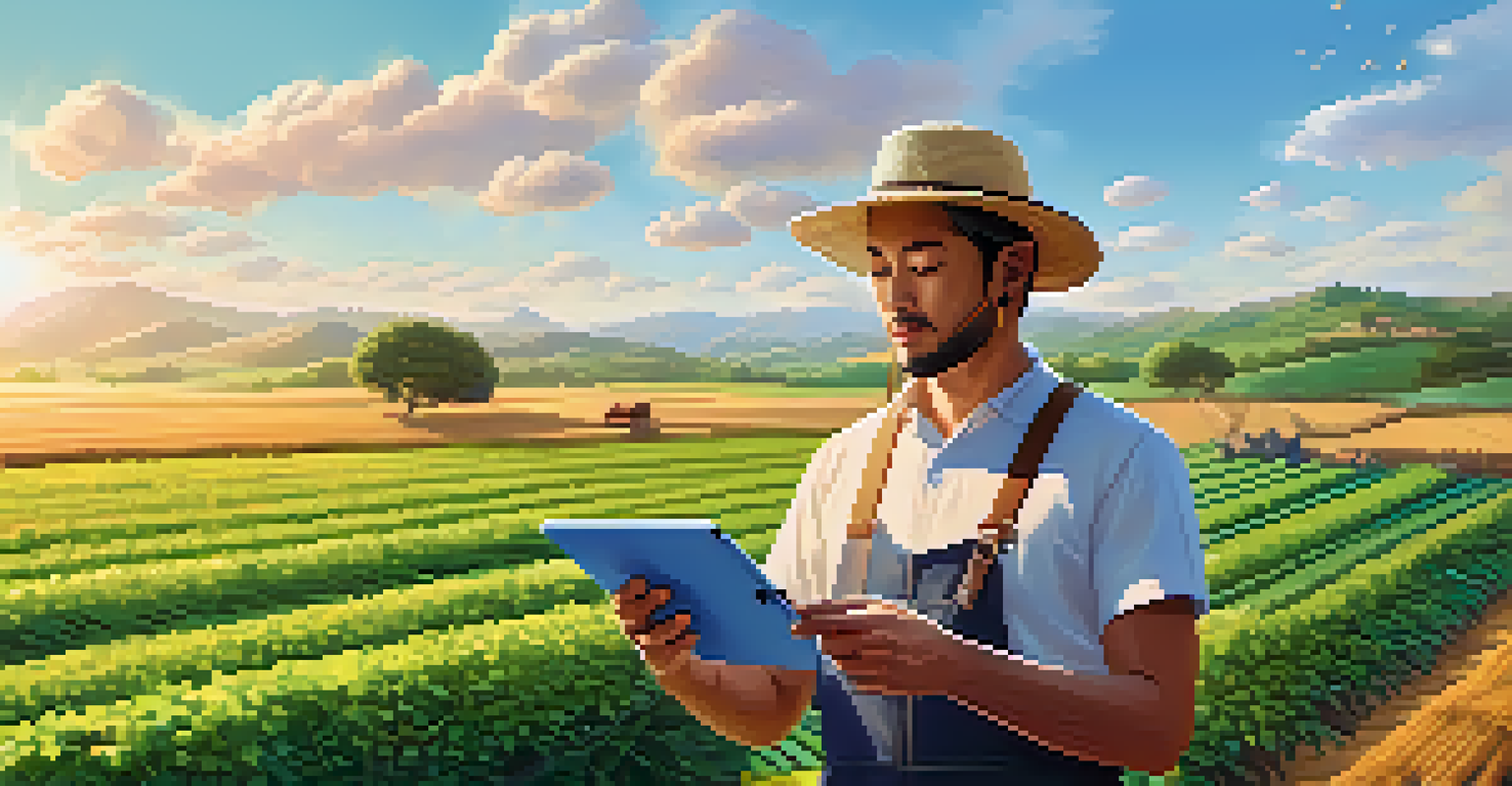 A farmer in a field using a tablet to track produce origin via blockchain, with a clear blue sky in the background.
