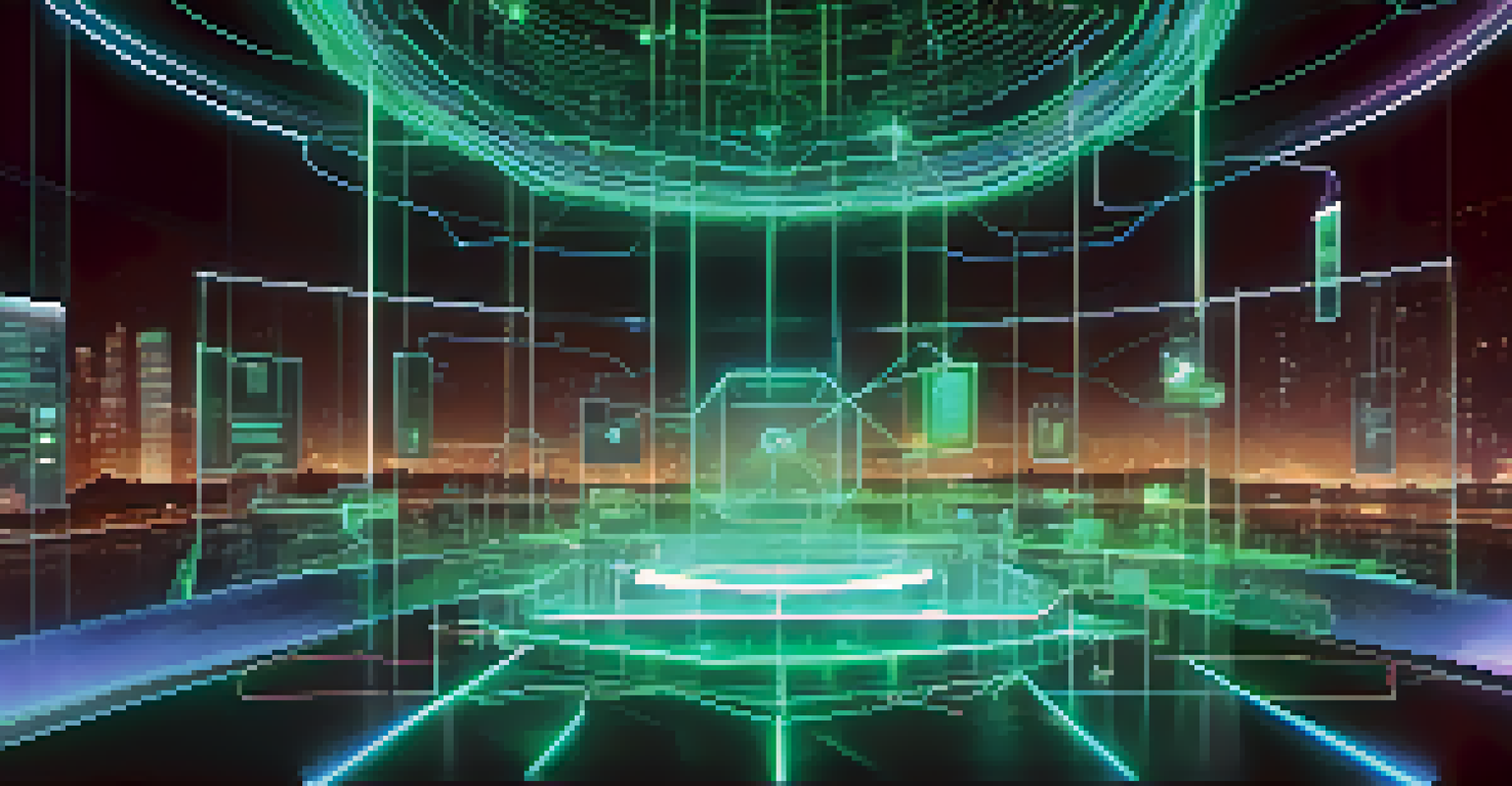 A digital representation of a smart contract being executed with holographic IoT devices and data streams in a high-tech environment.