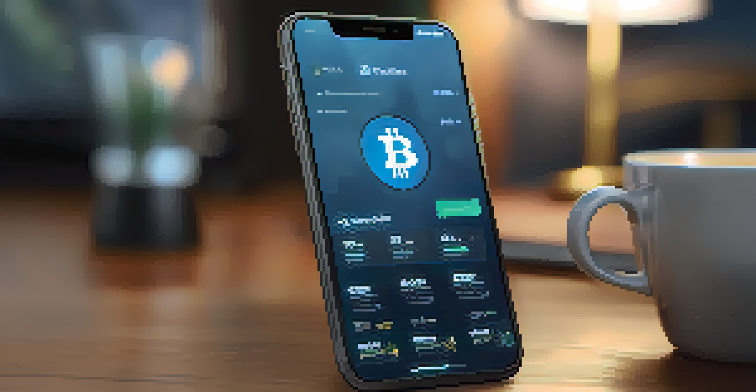 A smartphone screen showing a cryptocurrency wallet app with Bitcoin and Ethereum icons, in a cozy home setting.