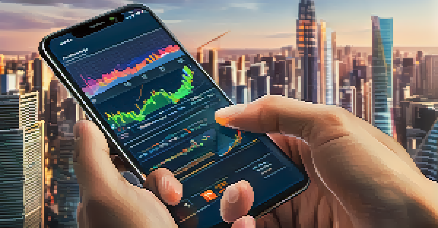 A close-up of a smartphone showing a cryptocurrency trading app, held by diverse hands against a blurred city background.