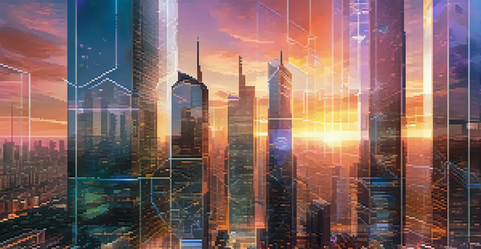 A vibrant futuristic city with skyscrapers and digital screens, illustrating blockchain technology in real estate under a sunset.