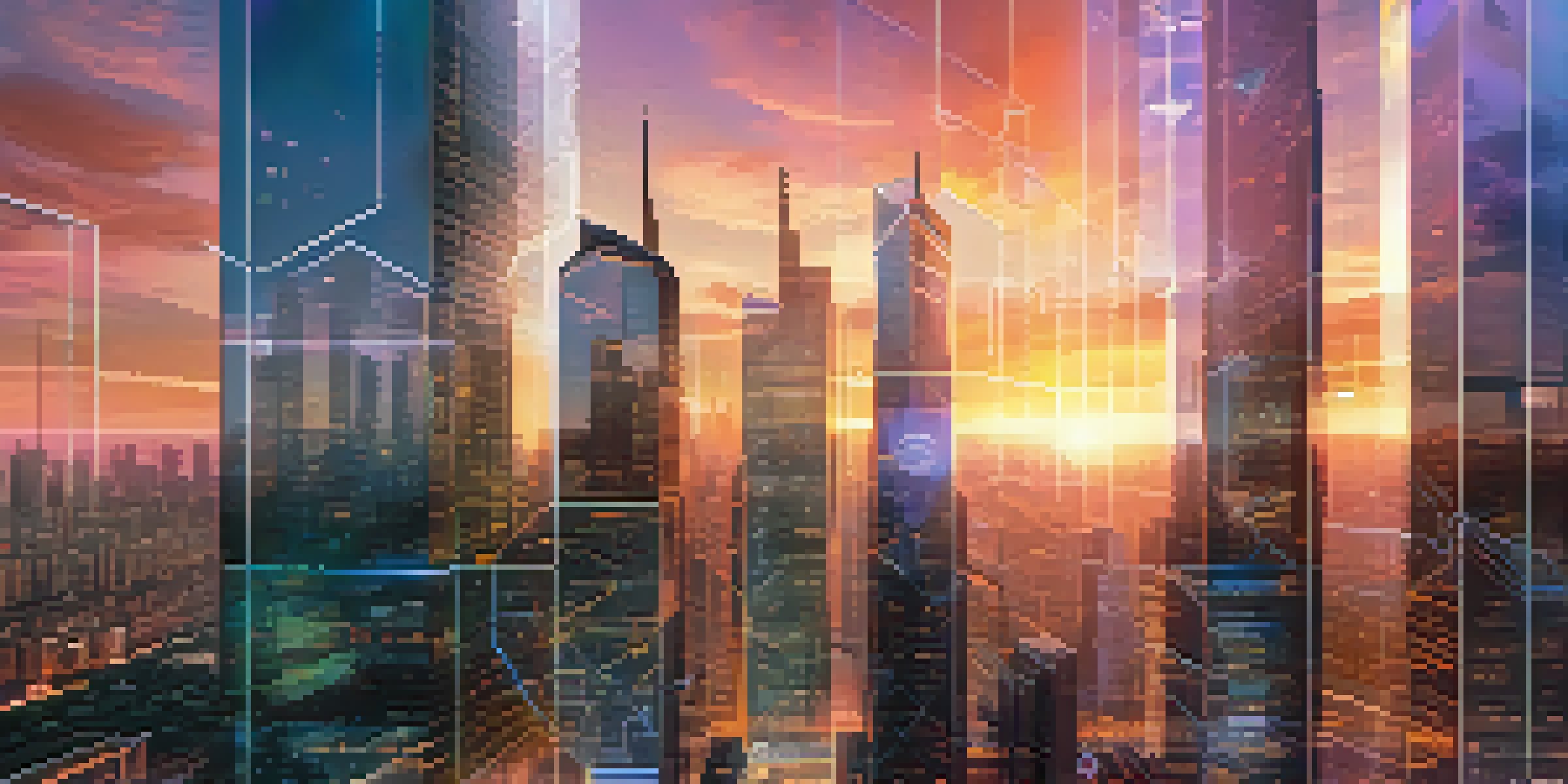 A vibrant futuristic city with skyscrapers and digital screens, illustrating blockchain technology in real estate under a sunset.