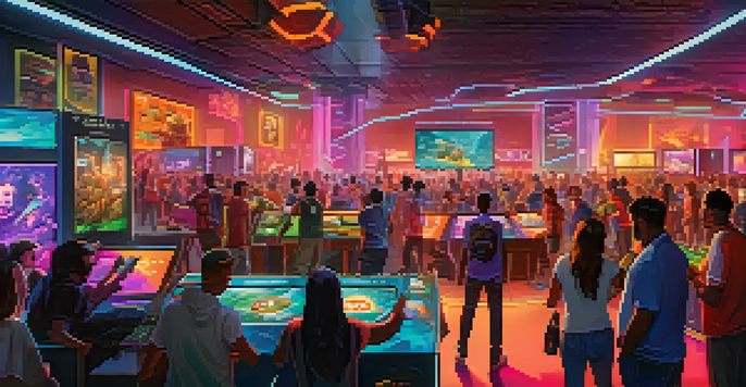 A lively group of diverse gamers actively participating in a Play-to-Earn game, with futuristic screens and holograms around them.