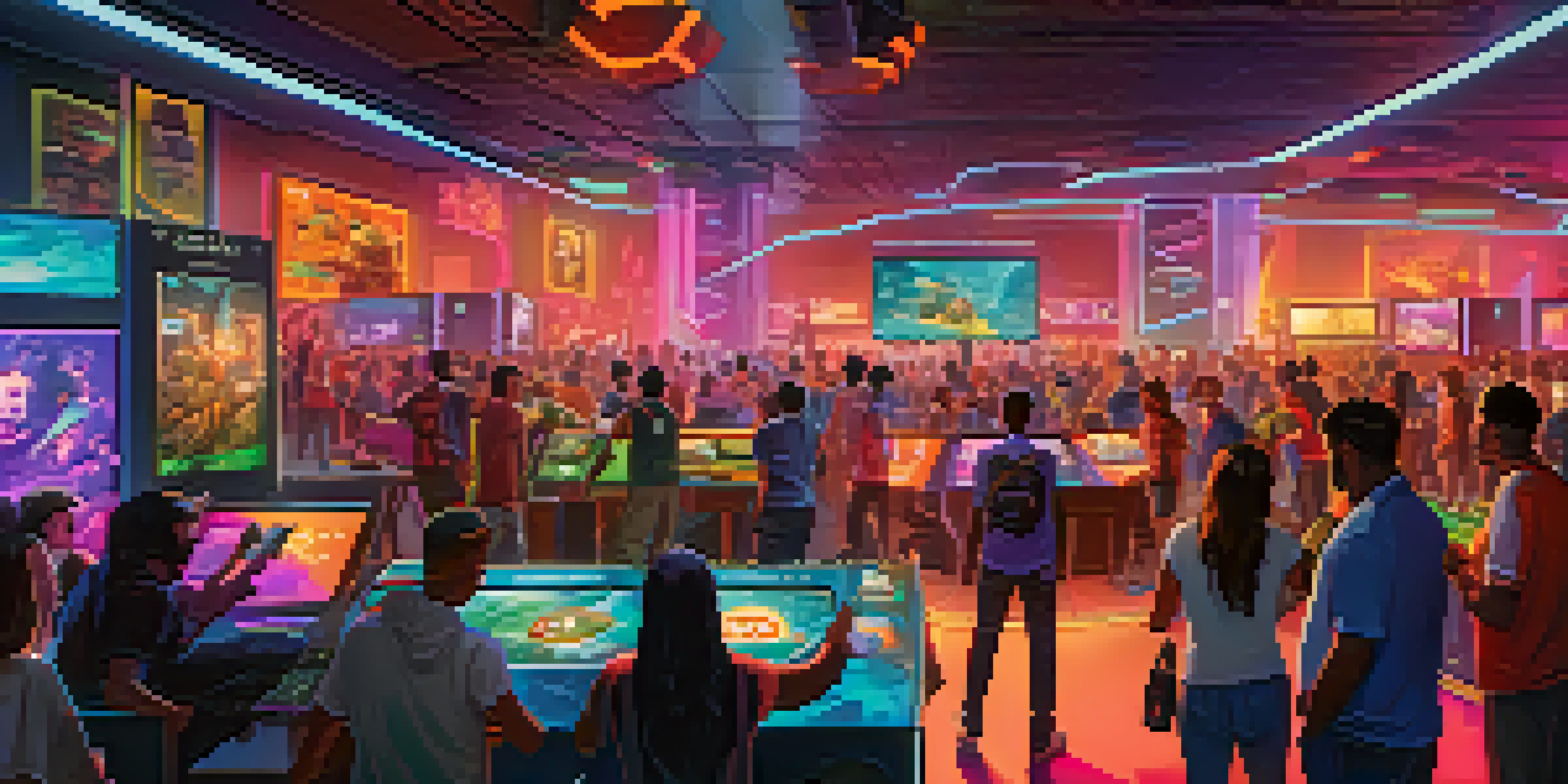 A lively group of diverse gamers actively participating in a Play-to-Earn game, with futuristic screens and holograms around them.