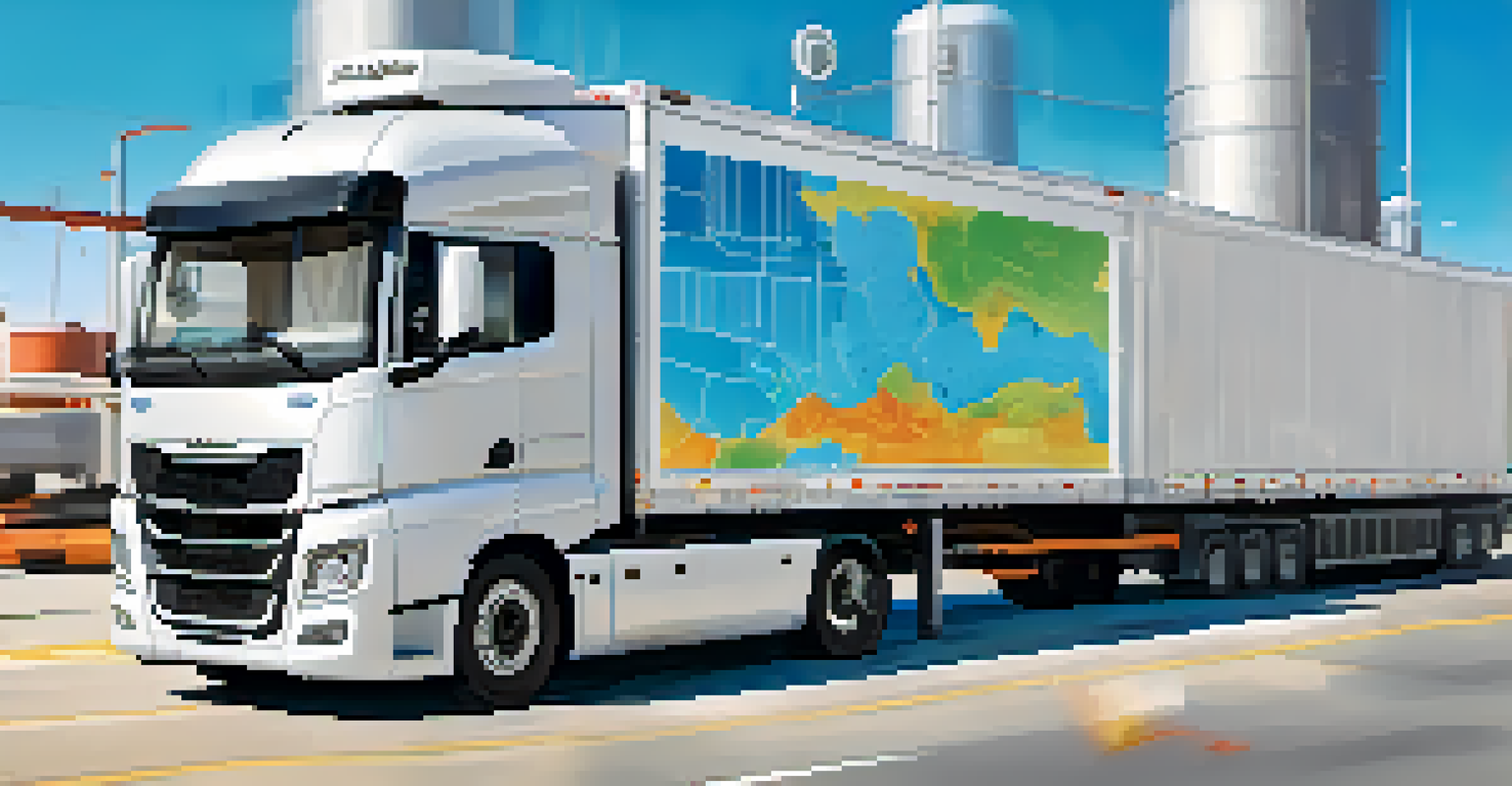 A supply chain scene with an IoT device monitoring goods in a delivery truck, displaying temperature and humidity data.