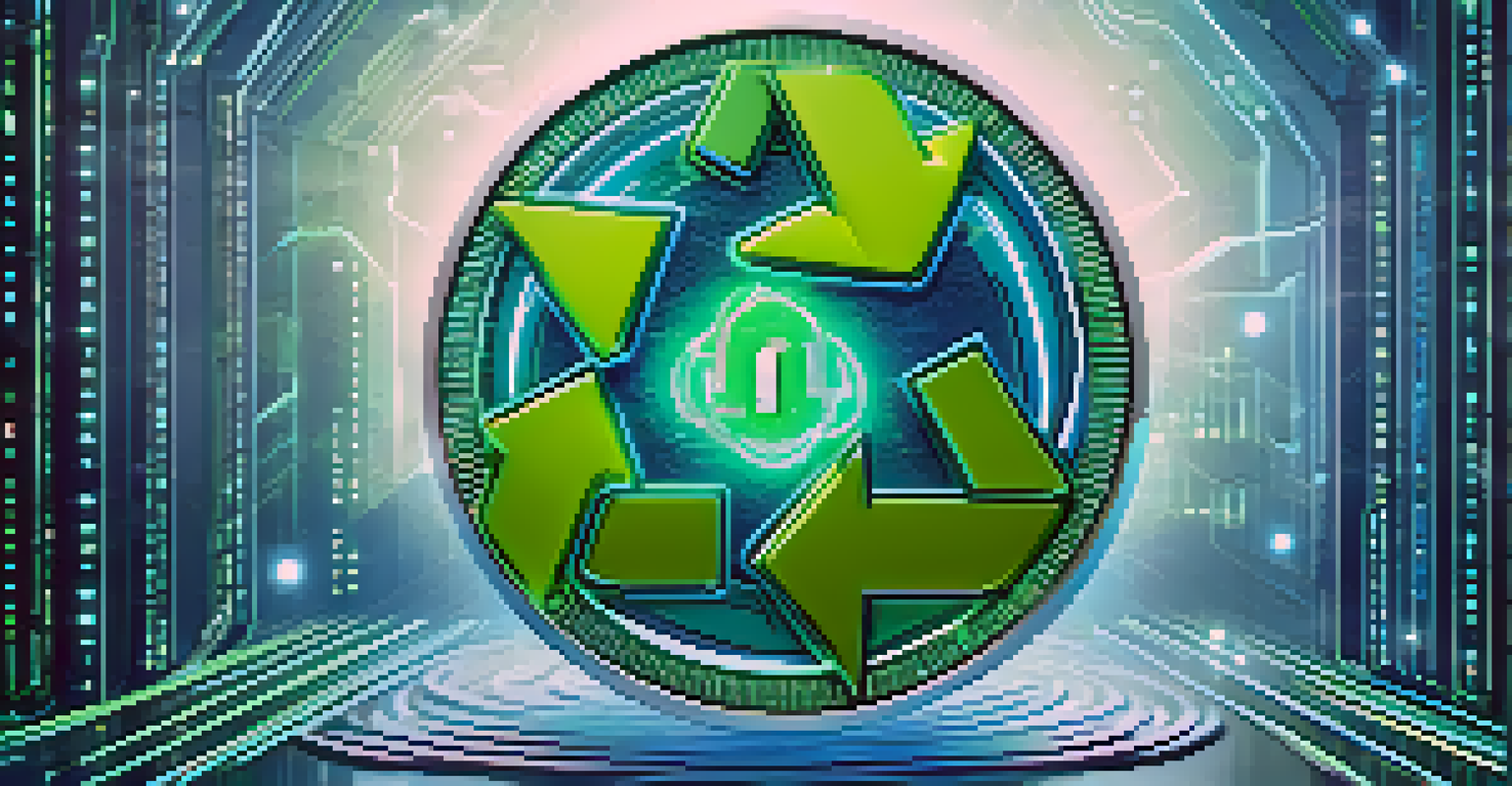 A digital token symbolizing sustainability, glowing green with leaves and a recycling symbol, against a tech-inspired background.
