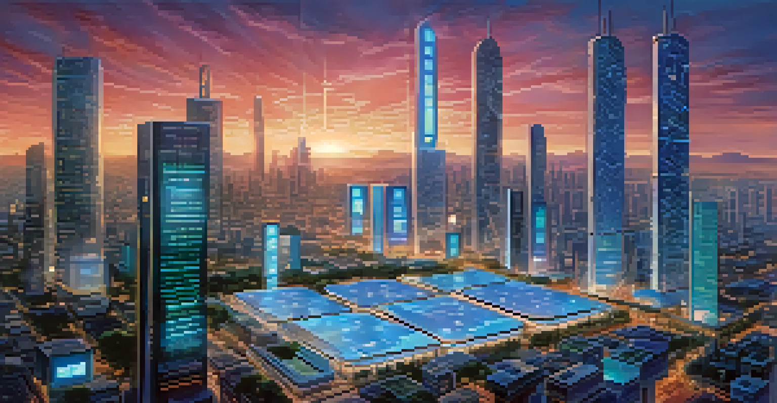 A vibrant cityscape at twilight with buildings displaying blockchain transactions and people using holographic interfaces.