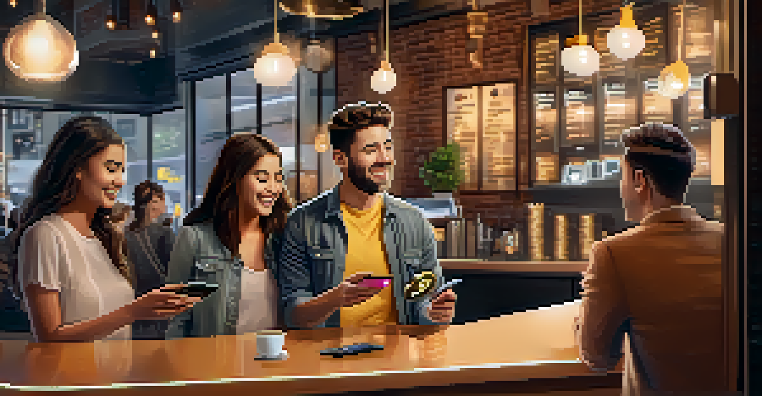 A customer in a coffee shop receiving cryptocurrency rewards, with digital coins floating around them.