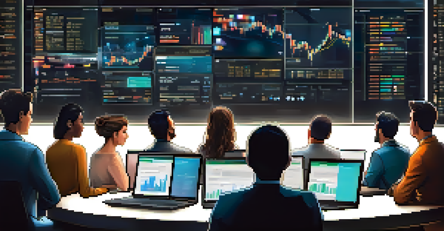 A digital market chart showing cryptocurrency trends with investors discussing around it, highlighting the link between social media and trading.