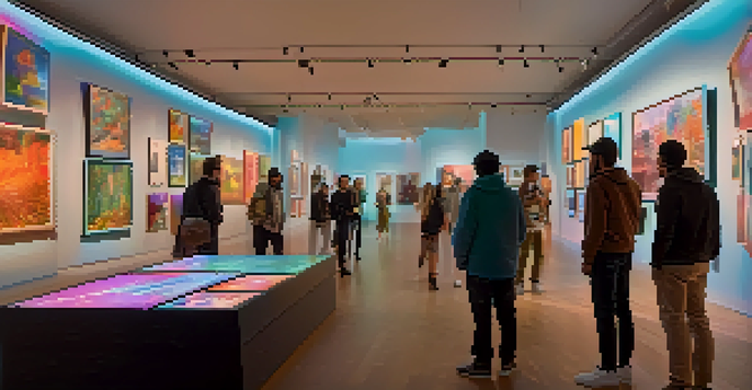 A digital art gallery filled with colorful NFT artworks, with people engaging and discussing the pieces in a warmly lit environment.